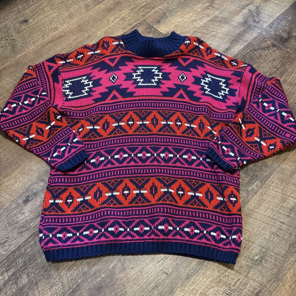 Vintage Croquet Club Neon Geometric Knit Sweater USA Coogi Style Large
